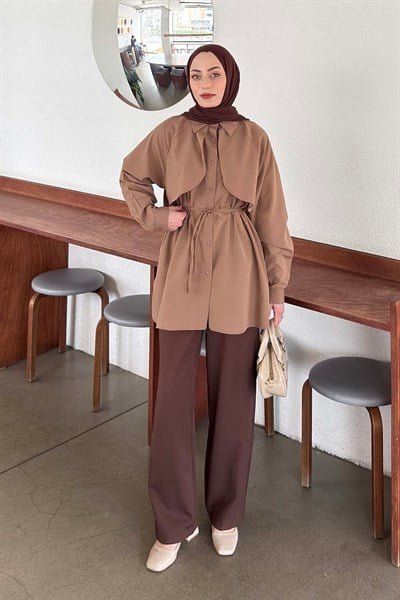 Pelerin Detaylı Gömlek Soft Kahve