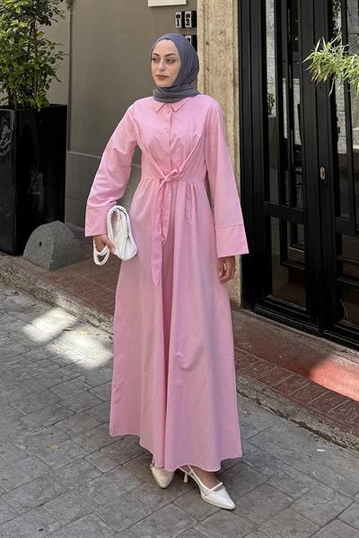 Ön Bağlama Detaylı Tesettür Elbise Pembe