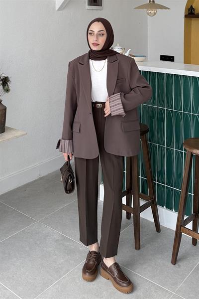 Astarı Çizgili Atlas Ceket Kahverengi