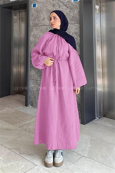 Balon Kol Bağlamalı Tesettür Elbise Pembe