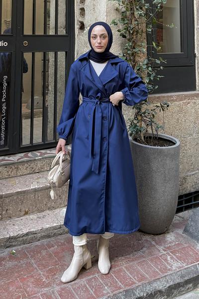 Kol Elastik Detaylı Trençkot Lacivert