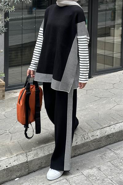 Yan Çizgili Panço Tesettür Takım Siyah