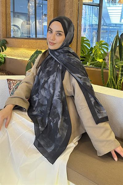 Gül Desen Bambu Şal Siyah