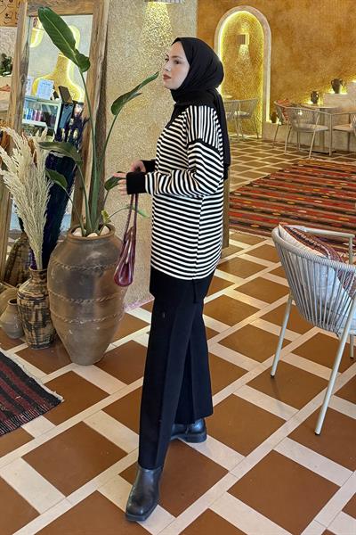 Çizgili Balıkçı Yaka Triko Takım Siyah