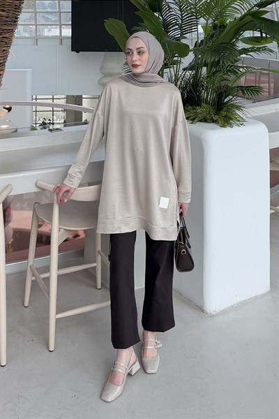 İki iplikli Arma Detaylı Sweat Tunik vizonrengi