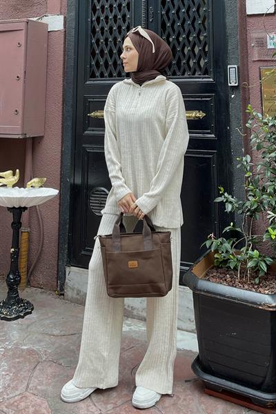 Fermuar Detaylı Pantolon Tesettür Takım Krem