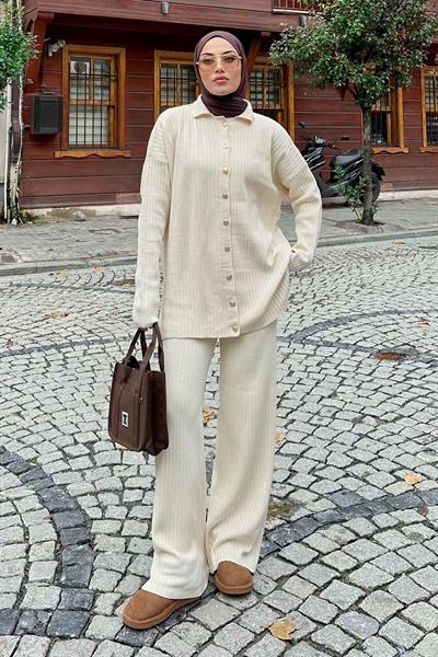 Polo Yaka Düğmeli Tesettür Takım Ekru