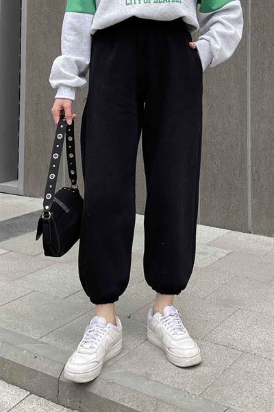 Paça Lastikli Üç İplik Alt Eşofman Siyah