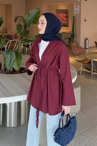 Örgü Bağlamalı Kimono Ceket Bordo