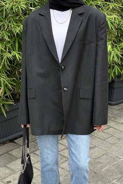 Çizgili Blazer Ceket Siyah