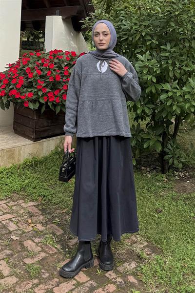 Yakası Bağcıklı Triko Kazak Antrasit