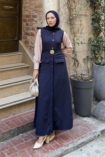 Düğme Detaylı Elbise Lacivert
