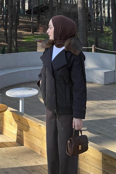 Kürk Yaka Düğmeli Mont Siyah