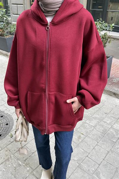 Kapüşonlu Oversize Yan Cepli Sweat Bordo