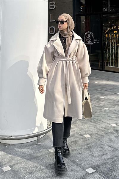 Balon Kol Örme Kaşe Kaban Bej