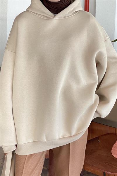 Kapüşonlu Salaş Sweatshirt Bej