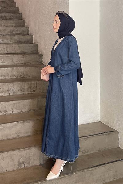 Açık Yaka Detaylı Kot Elbise Mavi