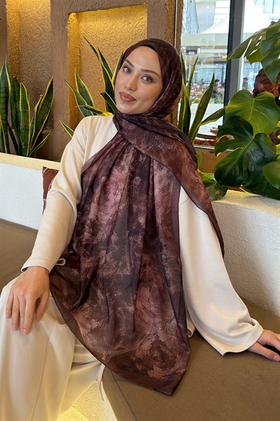 Gül Çiçek Desen Ferah Şal Kahverengi