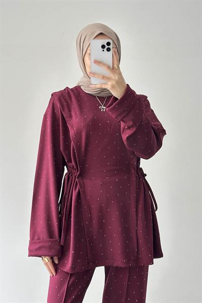 Tünel Detaylı Taşlı Takım Bordo