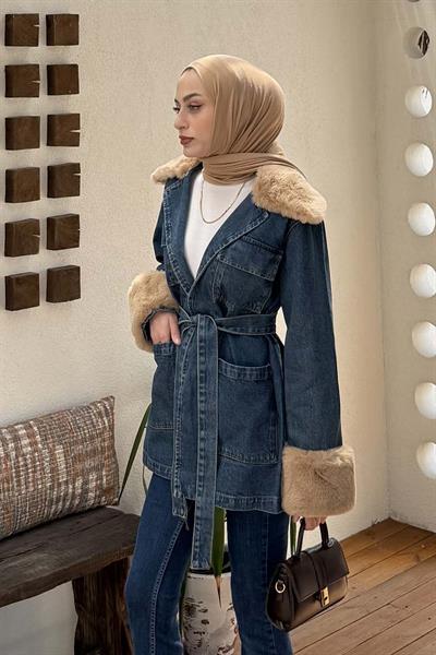 Kürklü Kot Ceket Kot Mavi