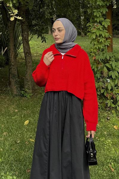 Yaka Fermuarlı Crop Triko Kazak Nar Çiçeği