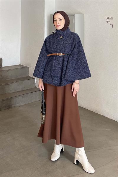 Hakim Yaka Kemer Detaylı Kaşe Panço Lacivert