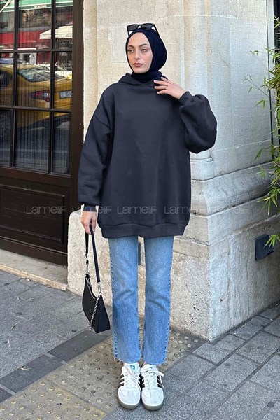 Kapüşonlu Salaş Sweatshirt Koyu lacivert