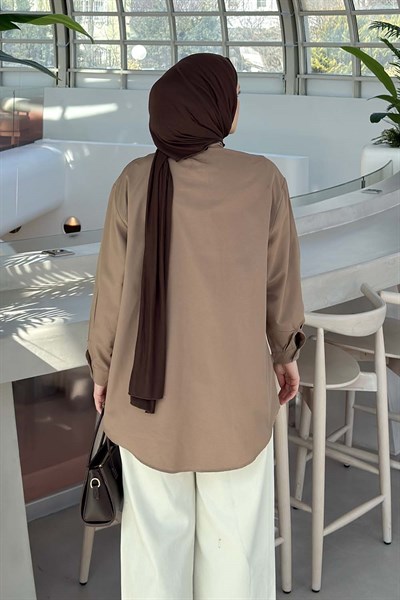 Fular Detaylı Gömlek Soft Kahve