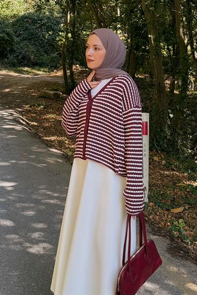 İnce Çizgili Triko Hırka Bordo