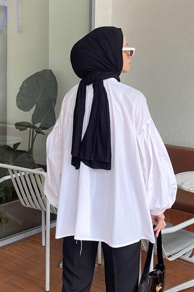 Yaka Fular Detaylı Gömlek Beyaz