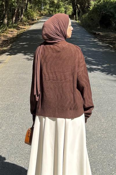 Kendinden Desenli Triko Kazak Kahverengi