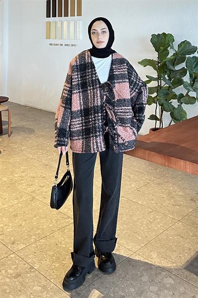 Bağlamalı Kaşe Ekose Kimono Pembe