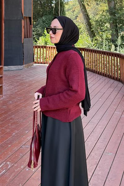 Bisiklet Yaka Kısa Hırka Bordo