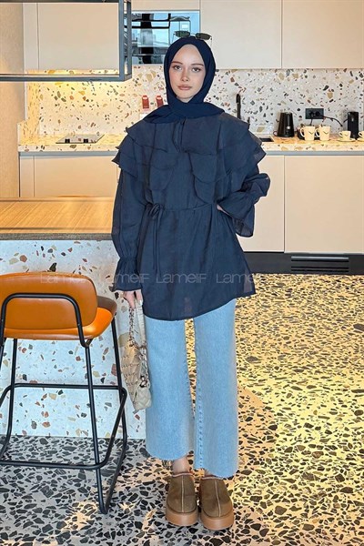 Volan Detaylı Kol Büzgülü Gömlek Lacivert