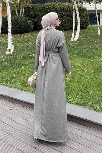 Taş Detaylı Tesettür Elbise Haki