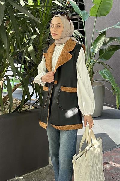 Garnili İçi Kürk Detaylı Deri Yelek Sütlü Kahve