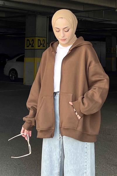 Kapüşonlu Oversize Yan Cepli Sweat Acı Kahverengi