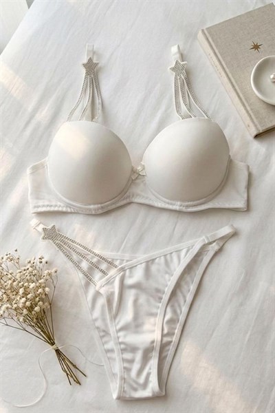 Taşlı Yıldız Detaylı Dolgulu Destekli Sütyen Takım Ekru