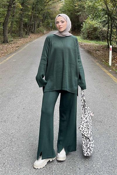 Basic Pantolon Önü Yırtmaçlı Triko Tesettür Takım Haki