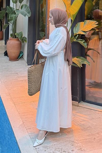 Pileli Poplin Elbise Beyaz