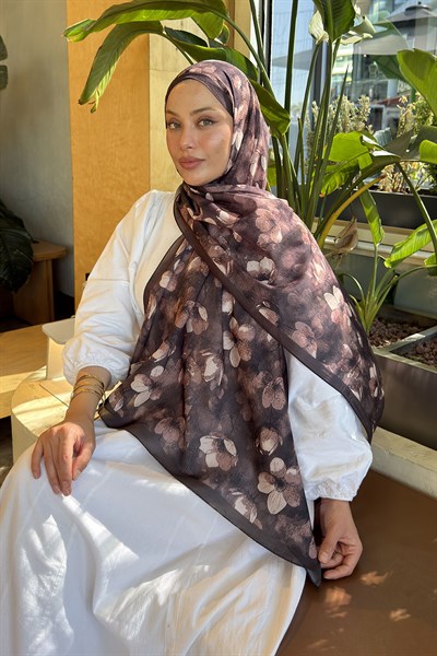 Çiçek Desen Lara Soft Şal Acı Kahverengi