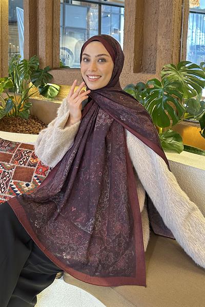 Retro Desen Bambu Şal Koyu Bordo