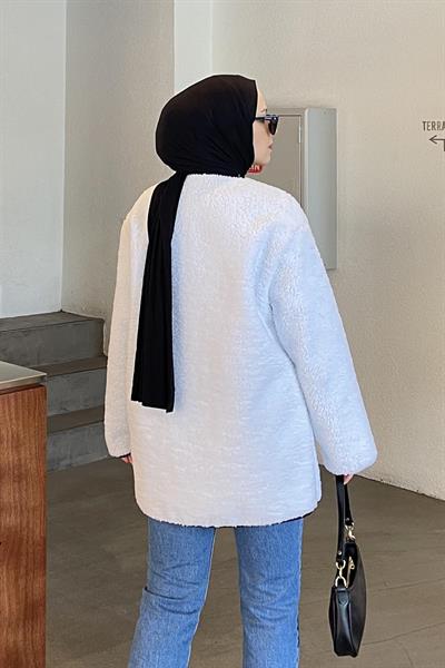 Teddy Düğmeli Çoban Mont Beyaz