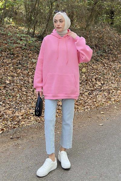 Üç İplik Kanguru Cep Sweatshirt Pembe