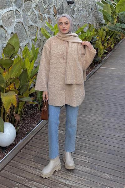 Peluş Atkılı Mont Bej