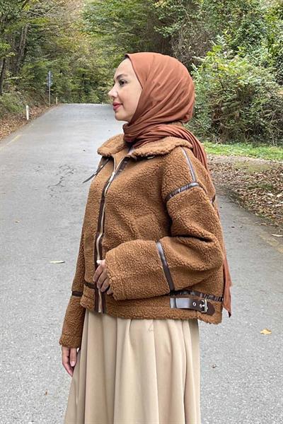 Kürklü Biker Mont Kahverengi