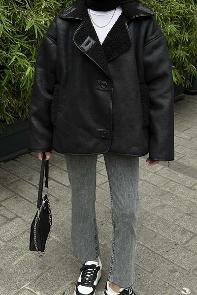 Süet Düğmeli Mont Siyah