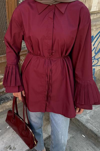 Piliseli Uzun Gömlek Bordo