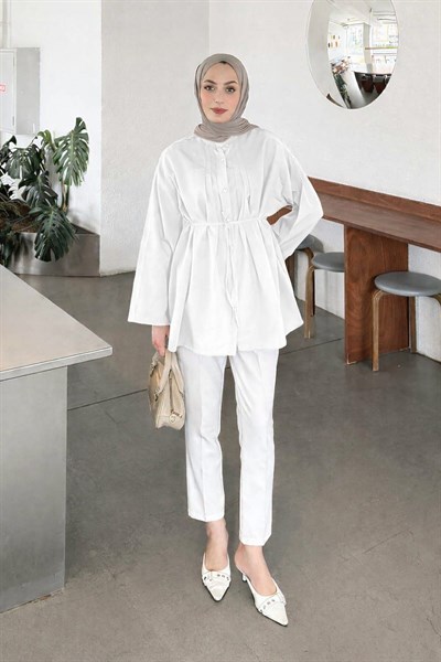 Piliseli Geniş Kol Gömlek Beyaz