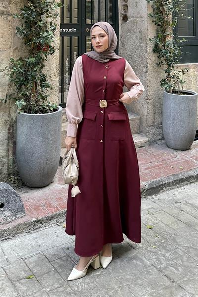 Düğme Detaylı Elbise Bordo
